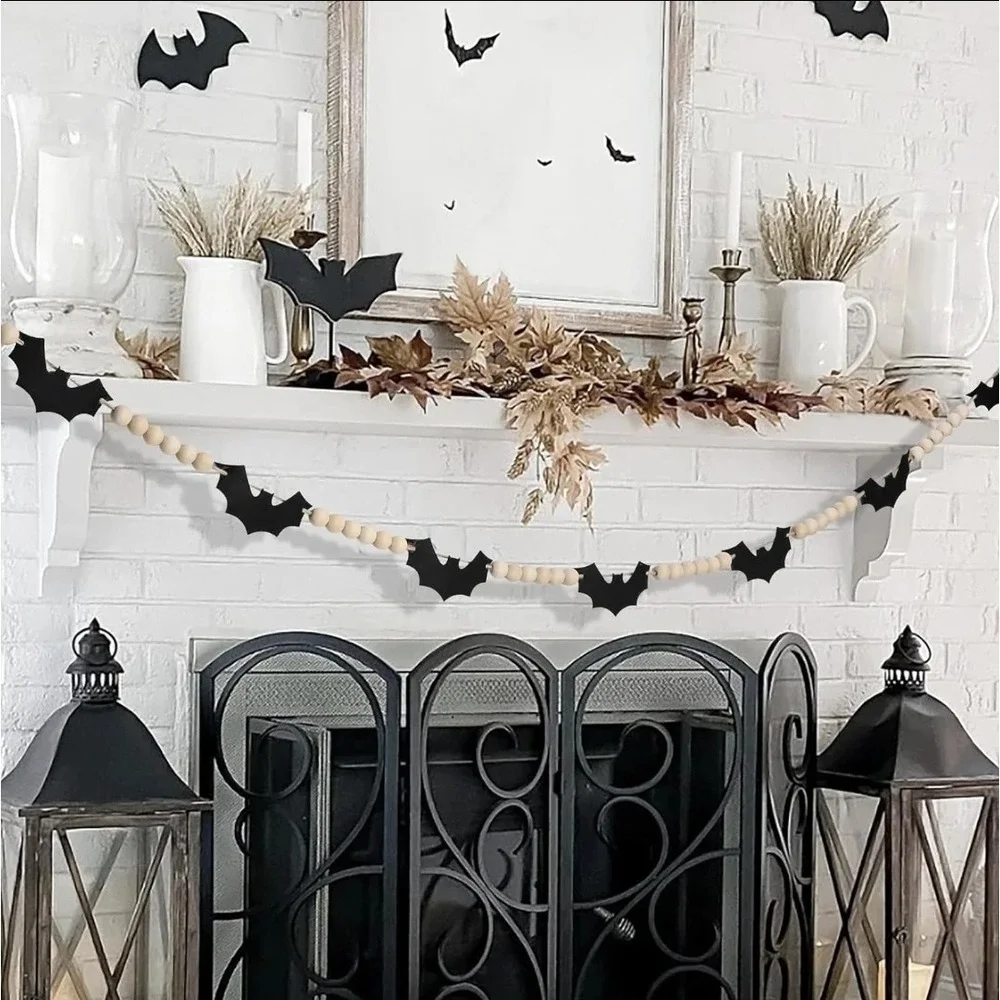 (Set of 4) Wooden Beaded Felt Bats Garland for Halloween Indoor/Outdoor Decor